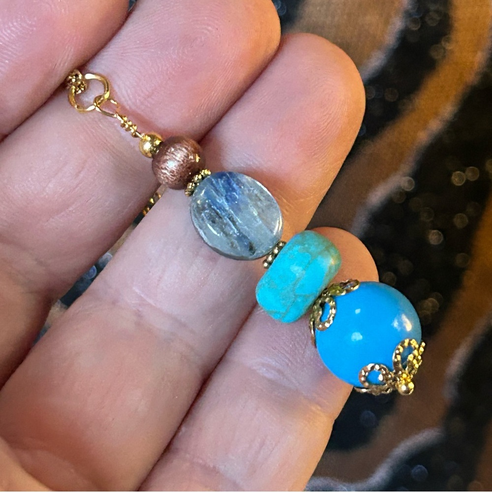 Handcrafted vintage bead fluorite turquoise drop pendant on chain necklace